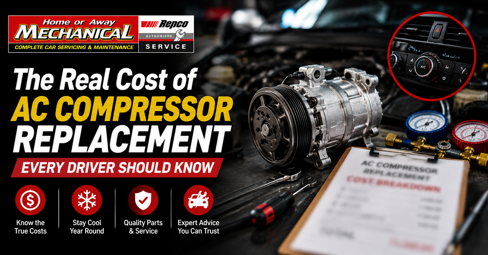 AC compressor replacement with automotive air conditioning components and diagnostic gauges